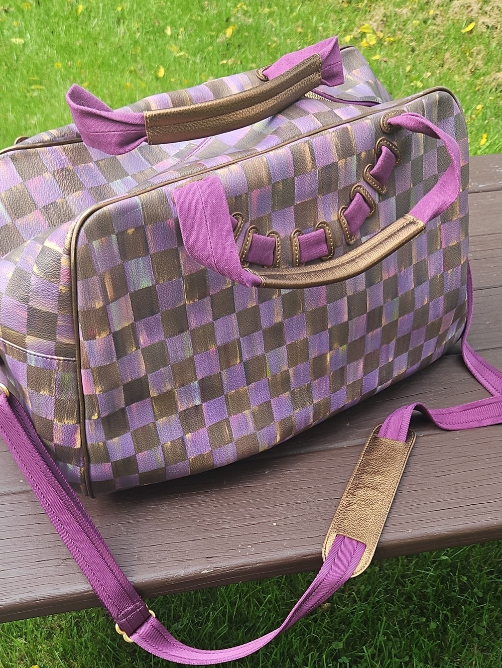 MKC HTF Purple and Brown Checkered Women's Duffel Bag - Stylish Travel Tote